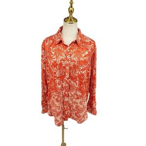 Anthropologie Spring Shirt Womens L Orange Floral Lace Print Vacation Bohemian